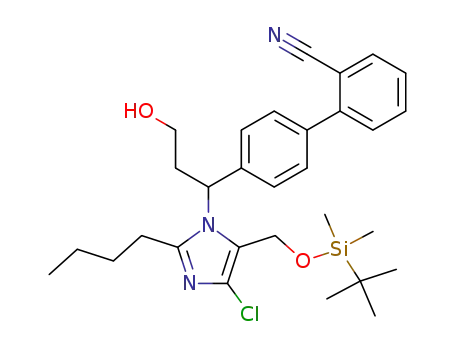 Molecular Structure of 161196-55-0 (4'-{1-[2-Butyl-5-(tert-butyl-dimethyl-silanyloxymethyl)-4-chloro-imidazol-1-yl]-3-hydroxy-propyl}-biphenyl-2-carbonitrile)