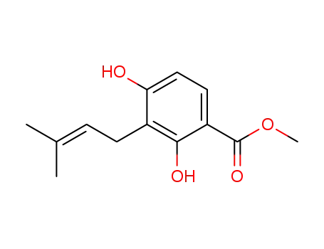 Molecular Structure of 62499-09-6 (Benzoic acid, 2,4-dihydroxy-3-(3-methyl-2-butenyl)-, methyl ester)