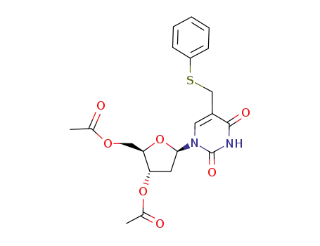 Molecular Structure of 272116-45-7 (Acetic acid (2R,3S,5R)-2-acetoxymethyl-5-(2,4-dioxo-5-phenylsulfanylmethyl-3,4-dihydro-2H-pyrimidin-1-yl)-tetrahydro-furan-3-yl ester)