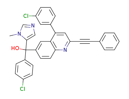 Molecular Structure of 405549-07-7 (4-(3-chlorophenyl)-α-(4-chlorophenyl)-α-(1-methyl-1H-imidazol-5-yl)-2-(phenylethynyl)-6-quinolinemethanol)