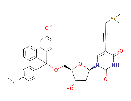 Molecular Structure of 204582-41-2 (1-{(2R,4S,5R)-5-[Bis-(4-methoxy-phenyl)-phenyl-methoxymethyl]-4-hydroxy-tetrahydro-furan-2-yl}-5-(3-trimethylsilanyl-prop-1-ynyl)-1H-pyrimidine-2,4-dione)