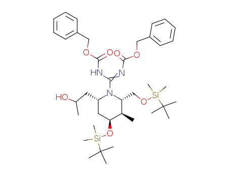Molecular Structure of 269715-90-4 ({[(E)-Benzyloxycarbonylimino]-[(2S,3R,4S,6S)-4-(tert-butyl-dimethyl-silanyloxy)-2-(tert-butyl-dimethyl-silanyloxymethyl)-6-(2-hydroxy-propyl)-3-methyl-piperidin-1-yl]-methyl}-carbamic acid benzyl ester)