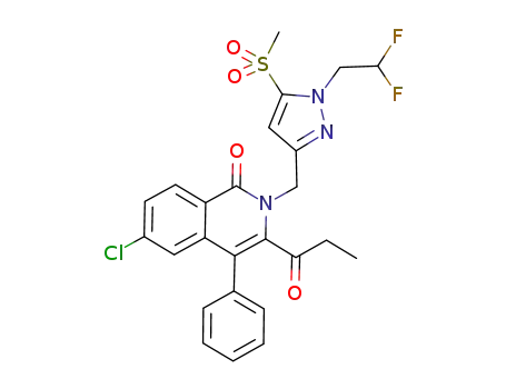 Molecular Structure of 844870-83-3 (6-Chloro-2-((1-(2,2-difluoroethyl)-5-(methylsulfonyl)-1H-pyrazol-3-yl)methyl)-4-phenyl-3-propionylisoquinolin-1(2H)-one)