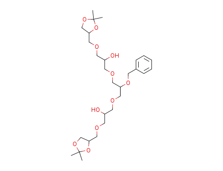 Molecular Structure of 338458-76-7 (2,6,10,14-Tetraoxapentadecane-4,12-diol,
1,15-bis(2,2-dimethyl-1,3-dioxolan-4-yl)-8-(phenylmethoxy)-)