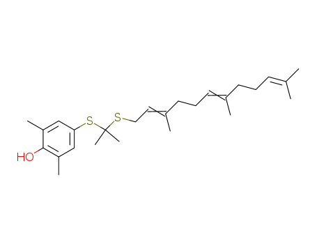 Molecular Structure of 142022-11-5 (Phenol,
2,6-dimethyl-4-[[1-methyl-1-[(3,7,11-trimethyl-2,6,10-dodecatrienyl)thio]
ethyl]thio]-)