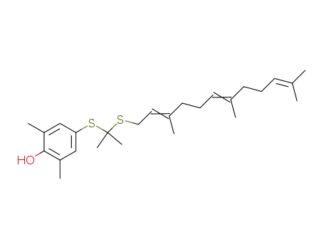 Molecular Structure of 142022-11-5 (Phenol,
2,6-dimethyl-4-[[1-methyl-1-[(3,7,11-trimethyl-2,6,10-dodecatrienyl)thio]
ethyl]thio]-)