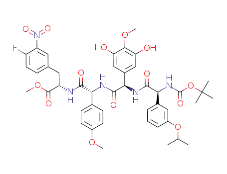 Molecular Structure of 195306-16-2 ((S)-2-[(R)-2-[(R)-2-[(S)-2-tert-Butoxycarbonylamino-2-(3-isopropoxy-phenyl)-acetylamino]-2-(3,5-dihydroxy-4-methoxy-phenyl)-acetylamino]-2-(4-methoxy-phenyl)-acetylamino]-3-(4-fluoro-3-nitro-phenyl)-propionic acid methyl ester)