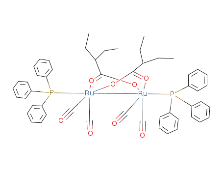 Molecular Structure of 125665-82-9 ({Ru<sub>2</sub>(O<sub>2</sub>CCH(C<sub>2</sub>H<sub>5</sub>)CH<sub>2</sub>CH<sub>3</sub>)2(CO)4(P(C<sub>6</sub>H<sub>5</sub>)3)2})