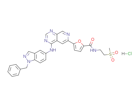 Molecular Structure of 202273-24-3 (5[4(1-Benzyl-1H-indazol-5-ylamino)-pyrido-[3,4-d]pyrimidin-6-yl]-furan-2-carboxylic acid 2-methanesulphonyl-ethylamide hydrochloride)