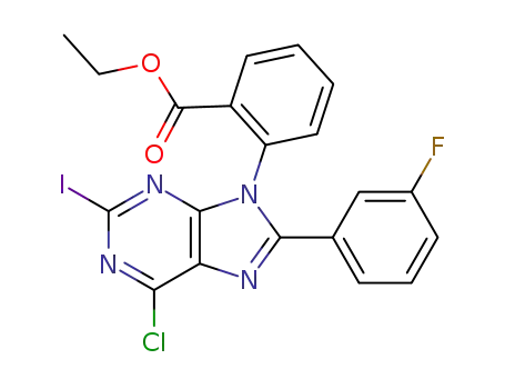 Molecular Structure of 391249-30-2 (Benzoic acid, 2-[6-chloro-8-(3-fluorophenyl)-2-iodo-9H-purin-9-yl]-, ethyl
ester)