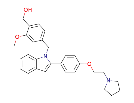 Molecular Structure of 215584-19-3 ((2-methoxy-4-{2-[4-(2-pyrrolidin-1-yl-ethoxy)-phenyl]-indol-1-ylmethyl}-phenyl)-methanol)