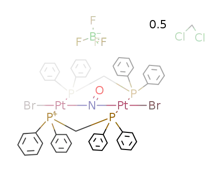 Pt<sub>2</sub>Br<sub>2</sub>(NO)((C<sub>6</sub>H<sub>5</sub>)2PCH<sub>2</sub>P(C<sub>6</sub>H<sub>5</sub>)2)2<sup>(1+)</sup>*BF<sub>4</sub><sup>(1-)</sup>*0.5CH<sub>2</sub>Cl<sub>2</sub>={Pt<sub>2</sub>Br<sub>2</sub>(NO)((C<sub>6</sub>H<sub>5</sub>)2PCH<sub>2</sub>P(C<sub>6</sub>H<sub>5</sub>)2)2}BF<sub>4</sub>*0.5CH<sub>2</sub>Cl<sub>2</sub>