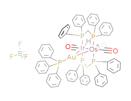 Molecular Structure of 132939-88-9 (IrOs(H)(AuP(C<sub>6</sub>H<sub>5</sub>)3)(CO)3((C<sub>6</sub>H<sub>5</sub>)2PCH<sub>2</sub>P(C<sub>6</sub>H<sub>5</sub>)2)2<sup>(1+)</sup>*BF<sub>4</sub><sup>(1-)</sup> = {IrOs(H)(AuP(C<sub>6</sub>H<sub>5</sub>)3)(CO)3(((C<sub>6</sub>H<sub>5</sub>)2P)2CH<sub>2</sub>)2}BF<sub>4</sub>)