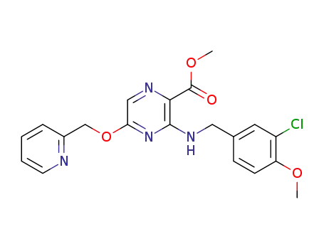Molecular Structure of 372115-76-9 (Pyrazinecarboxylic acid,
3-[[(3-chloro-4-methoxyphenyl)methyl]amino]-5-(2-pyridinylmethoxy)-,
methyl ester)