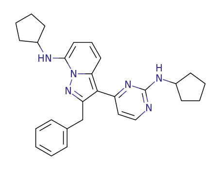 Molecular Structure of 681262-05-5 (Pyrazolo[1,5-a]pyridin-7-amine,
N-cyclopentyl-3-[2-(cyclopentylamino)-4-pyrimidinyl]-2-(phenylmethyl)-)