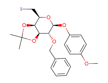 Molecular Structure of 233589-83-8 ((3aR,4S,6S,7R,7aS)-7-Benzyloxy-4-iodomethyl-6-(4-methoxy-phenoxy)-2,2-dimethyl-tetrahydro-[1,3]dioxolo[4,5-c]pyran)