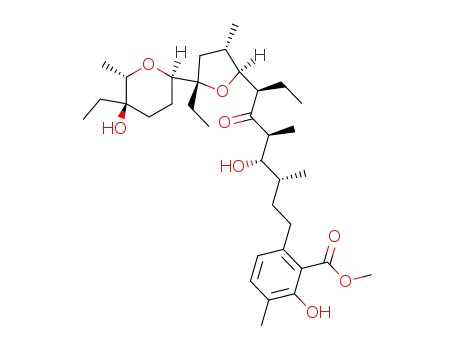 Molecular Structure of 33855-15-1 (6-{(3R,4S,5S,7R)-7-[(2S,3S,5S)-5-Ethyl-5-((2R,5R,6S)-5-ethyl-5-hydroxy-6-methyl-tetrahydro-pyran-2-yl)-3-methyl-tetrahydro-furan-2-yl]-4-hydroxy-3,5-dimethyl-6-oxo-nonyl}-2-hydroxy-3-methyl-benzoic acid methyl ester)