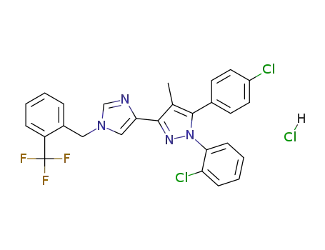 Molecular Structure of 681178-60-9 (5-(4-chloro-phenyl)-1-(2-chloro-phenyl)-4-methyl-3-[1-(2-trifluoromethyl-benzyl)-1H-imidazol-4-yl]-1H-pyrazole, hydrochloride)