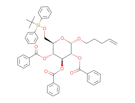 Molecular Structure of 136755-18-5 (PENT-4-ENYL-6-O-T-BUTYLDIPHENYLSILYL-2,3,4-TRI-O-BENZOYL-D-GLUCOPYRANOSIDE)