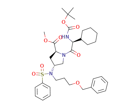 Molecular Structure of 367260-04-6 (methyl (2S,4R)-1-[(2S)-2-cyclohexyl-2-[[(1,1-dimethylethoxy)carbonyl]amino]-1-oxoethyl]-4-[[3-(phenylmethoxy)propyl](phenylsulfonyl)amino]-2-pyrrolidinecarboxylate)