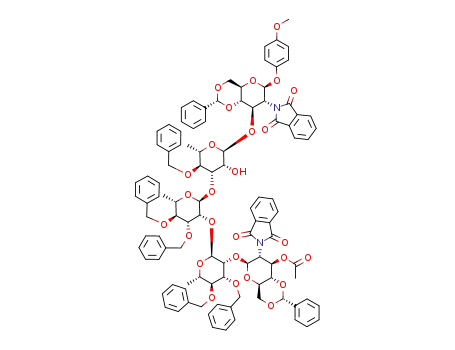 4-methoxyphenyl (3-O-acetyl-4,6-O-benzylidene-2-deoxy-2-N-phthalimido-β-D-glucopyranosyl)-(1->2)-(3,4-di-O-benzyl-α-L-rhamnopyranosyl)-(1->2)-(3,4-di-O-benzyl-α-L-rhamnopyranosyl)-(1->3)-[4-O-benzyl-α-L-rhamnopyranosyl]-(1->3)-4,6-O-benzylidene-2-deoxy-2-N-phthalimido-β-D-glucopyranoside