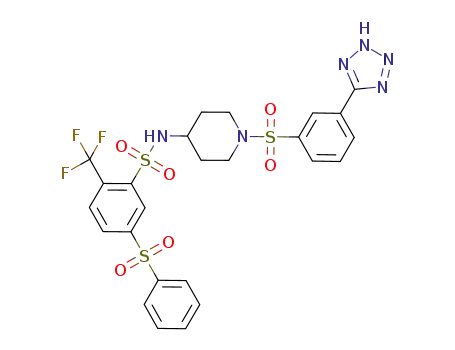 Molecular Structure of 915762-51-5 (5-(phenylsulfonyl)-N-(1-([3-(2H-tetrazol-5-yl)phenyl]-sulfonyl)piperidin-4-yl)-2-(trifluoromethyl)benzenesulfonamide)