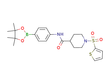 Molecular Structure of 1095340-42-3 (N-(4-(4,4,5,5-tetramethyl-1,3,2-dioxaborolan-2-yl)phenyl)-1-(thiophen-2-ylsylfonyl)piperidine-4-carboxamide)