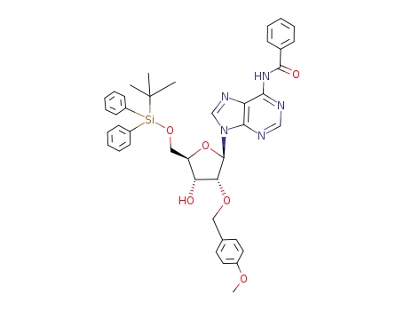 Molecular Structure of 190968-27-5 (N-{9-[(2R,3R,4R,5R)-5-(tert-Butyl-diphenyl-silanyloxymethyl)-4-hydroxy-3-(4-methoxy-benzyloxy)-tetrahydro-furan-2-yl]-9H-purin-6-yl}-benzamide)