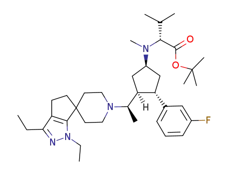 Molecular Structure of 849204-12-2 (N-methyl-N-(1-(S)-3-(S)-(1-(R)-(1,3-diethyl-4,5-dihydrospiro[cyclopentapyrazole-6(1H),4'-piperidin-1'-yl])eth-1-yl)-4-(S)-(3-fluorophenyl)cyclopent-1-yl)-(R)-valine t-butyl ester)