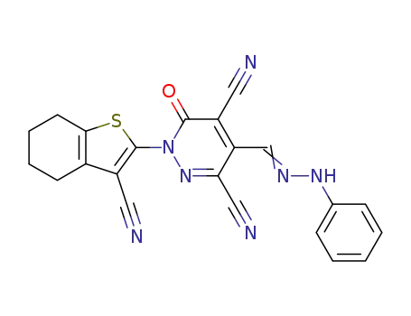 Molecular Structure of 646499-43-6 (3,5-Pyridazinedicarbonitrile,
1-(3-cyano-4,5,6,7-tetrahydrobenzo[b]thien-2-yl)-1,6-dihydro-6-oxo-4-[(
phenylhydrazono)methyl]-)