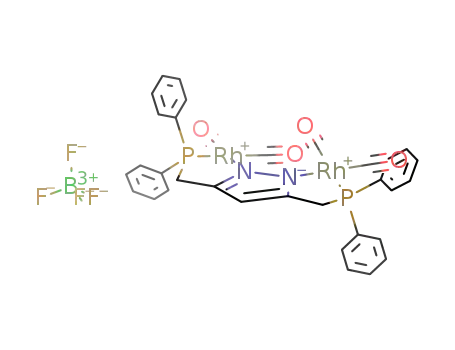 [Rh<sub>2</sub>(CO)4(C<sub>3</sub>HN<sub>2</sub>(CH<sub>2</sub>P(C<sub>6</sub>H<sub>5</sub>)2)2)]<sup>(1+)</sup>*BF<sub>4</sub><sup>(1-)</sup>*0.25CH<sub>2</sub>Cl<sub>2</sub>=[Rh<sub>2</sub>(CO)4(C<sub>3</sub>HN<sub>2</sub>(CH<sub>2</sub>P(C<sub>6</sub>H<sub>5</sub>)2)2)]BF<sub>4</sub>*0.25CH<sub>2</sub>Cl<sub>2</sub>