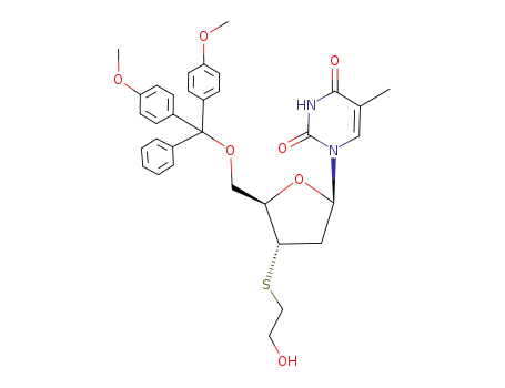 Molecular Structure of 399558-95-3 (Thymidine,
5'-O-[bis(4-methoxyphenyl)phenylmethyl]-3'-S-(2-hydroxyethyl)-3'-thio-)