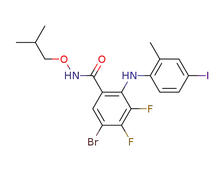 Molecular Structure of 219778-40-2 (5-bromo-3,4-difluoro-2-(4-iodo-2-methyl-phenylamino)-N-isobutoxy-benzamide)