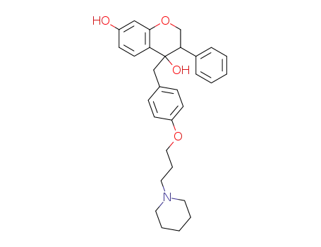 Molecular Structure of 738601-58-6 (2H-1-Benzopyran-4,7-diol,
3,4-dihydro-3-phenyl-4-[[4-[3-(1-piperidinyl)propoxy]phenyl]methyl]-)
