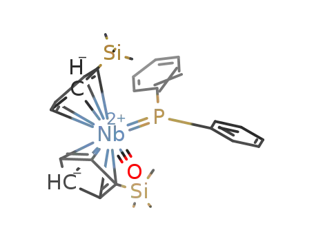 Molecular Structure of 880870-87-1 ([(η5-trimethylsilylcyclopentadienyl)2Nb(III)(CO)(diphenylphosphanido)])