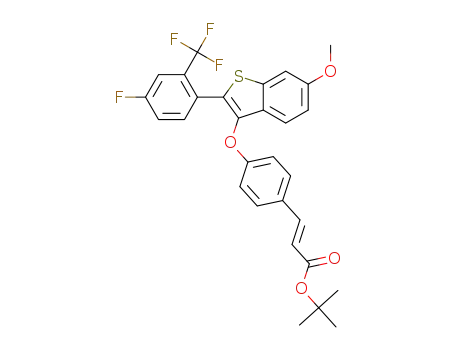 Molecular Structure of 1622308-62-6 ((E)-tert-butyl 3-(4-((2-(4-fluoro-2-(trifluoromethyl)phenyl)-6-methoxybenzo[b]thiophen-3-yl)oxy)phenyl)acrylate)