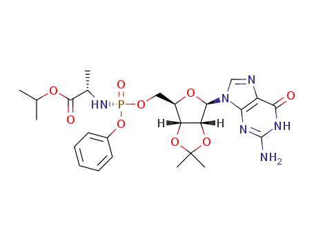 Molecular Structure of 1334513-11-9 ((S)-isopropyl 2-(((S)-(((3aR,4R,6R,6aR)-6-(2-amino-6-oxo-1H-purin-9(6H)-yl)-2,2-dimethyl-tetrahydrofuro[3,4-d][1,3]-dioxol-4-yl)methoxy)(phenoxy)phosphoryl)amino)propanoate)