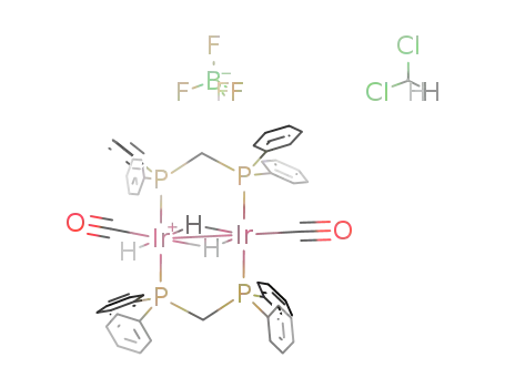 Molecular Structure of 110014-69-2 ({Ir<sub>2</sub>(H)(CO)2(H)2((C<sub>6</sub>H<sub>5</sub>)2PCH<sub>2</sub>P(C<sub>6</sub>H<sub>5</sub>)2)2}<sup>(1+)</sup>*BF<sub>4</sub><sup>(1-)</sup>*CH<sub>2</sub>Cl<sub>2</sub>={Ir<sub>2</sub>(H)(CO)2(H)2((C<sub>6</sub>H<sub>5</sub>)2PCH<sub>2</sub>P(C<sub>6</sub>H<sub>5</sub>)2)2}BF<sub>4</sub>*CH<sub>2</sub>Cl<sub>2</sub>)