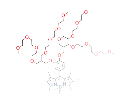 Molecular Structure of 1259292-38-0 (4,4-difluoro-8-[3,4-bis(3-{2-[2-(2-methoxyethoxy)ethoxy]ethoxy}-2-{2-[2-(2-methoxyethoxy)ethoxy]ethoxy}ethoxymethyl)propoxy]phenyl-1,3,5,7-tetramethyl-2,6-diethynyl-4-bora-3a,4a-diaza-s-indacene)