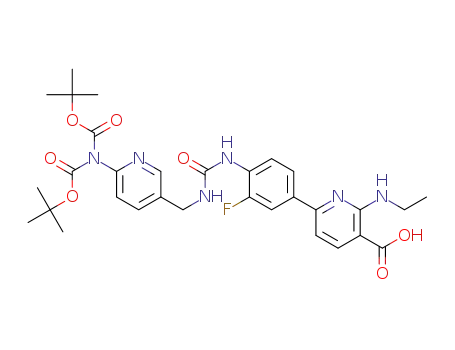 Molecular Structure of 1246494-92-7 (6-(4-{[({6-[(bis-tert-butoxycarbonyl)amino]pyridin-3-yl}methyl)carbamoyl]amino}-3-fluorophenyl)-2-(ethylamino)nicotinic acid)