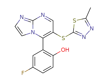 Molecular Structure of 1384665-24-0 (4-fluoro-2-{6-[(5-methyl-1,3,4-thiadiazol-2-yl)sulfanyl]imidazo[1,2-a]pyrimidin-5-yl}phenol)