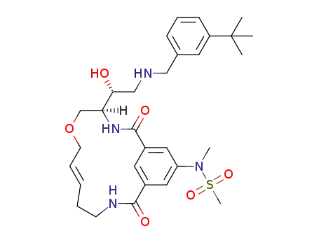 Molecular Structure of 1385067-81-1 (N-((E)-(S)-4-[(R)-2-(3-tert-butyl-benzylamino)-1-hydroxy-ethyl]-2,13-dioxo-6-oxa-3,12-diaza-bicyclo[12.3.1]octadeca-1<sup>(17)</sup>,8,14<sup>(18)</sup>,15-tetraen-16-yl)-N-methyl-methanesulfonamide)