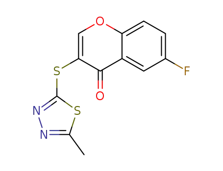 Molecular Structure of 1384665-31-9 (6-fluoro-3-[(5-methyl-1,3,4-thiadiazol-2-yl)sulfanyl]-4H-1-benzopyran-4-one)