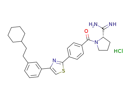 Molecular Structure of 1307310-16-2 ((S)-1-(4-(4-(3-(2-cyclohexylethyl)phenyl)thiazol-2-yl)benzoyl)pyrrolidine-2-carboximidamide hydrochloride)
