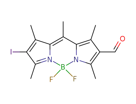 Molecular Structure of 1372549-74-0 (5,5-difluoro-8-formyl-2-iodo-1,3,7,9,10-pentamethyl-5H-dipyrrolo[1,2-c:2',1'-f][1,3,2]diazaborinin-4-ium-5-uide)