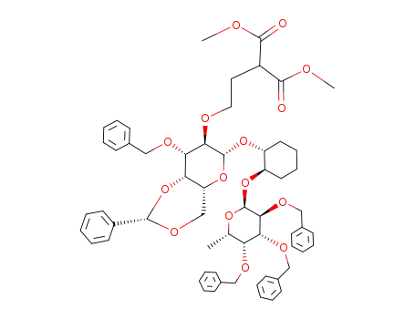 2-(2-{(2S,4aR,6R,7R,8S,8aS)-8-Benzyloxy-2-phenyl-6-[(1R,2R)-2-((2S,3S,4R,5R,6S)-3,4,5-tris-benzyloxy-6-methyl-tetrahydro-pyran-2-yloxy)-cyclohexyloxy]-hexahydro-pyrano[3,2-d][1,3]dioxin-7-yloxy}-ethyl)-malonic acid dimethyl ester