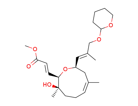 Molecular Structure of 758716-35-7 (2-Propenoic acid,
3-[(2R,3R,6Z,9R)-2,3,4,5,8,9-hexahydro-3-hydroxy-3,7-dimethyl-9-[(1E)
-2-methyl-3-[(tetrahydro-2H-pyran-2-yl)oxy]-1-propenyl]-2-oxoninyl]-,
methyl ester, (2E)-)