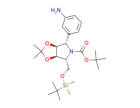 Molecular Structure of 188744-91-4 (5H-1,3-Dioxolo4,5-cpyrrole-5-carboxylic acid, 4-(3-aminophenyl)-6-(1,1-dimethylethyl)dimethylsilyloxymethyltetrahydro-2,2-dimethyl-, 1,1-dimethylethyl ester, (3aS,4S,6R,6aR)-)