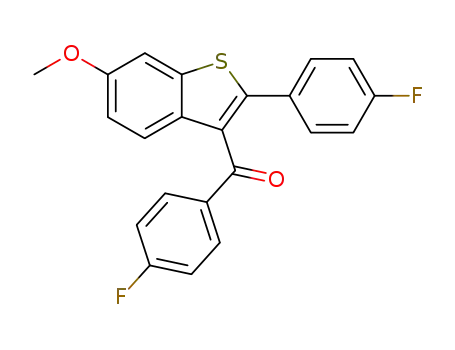 Molecular Structure of 243845-92-3 ((4-fluoro-phenyl)-[2-(4-fluoro-phenyl)-6-methoxy-benzo[<i>b</i>]thiophen-3-yl]-methanone)