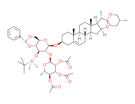 Molecular Structure of 211797-93-2 (diosgenyl 2,3,4-tri-O-acetyl-α-L-rhamnopyranosyl-(1-2)-4,6-O-benzylidene-3-O-tert-butyldimethylsilyl-β-D-glucopyranoside)